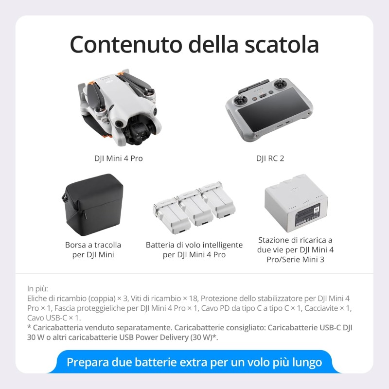 DJI Mini 4 Pro Fly More Combo con DJI RC 2 (radiocomando con schermo), mini drone con telecamera, meno di 249 g, autonomia di volo di 34 minuti, 2 batterie extra, C0