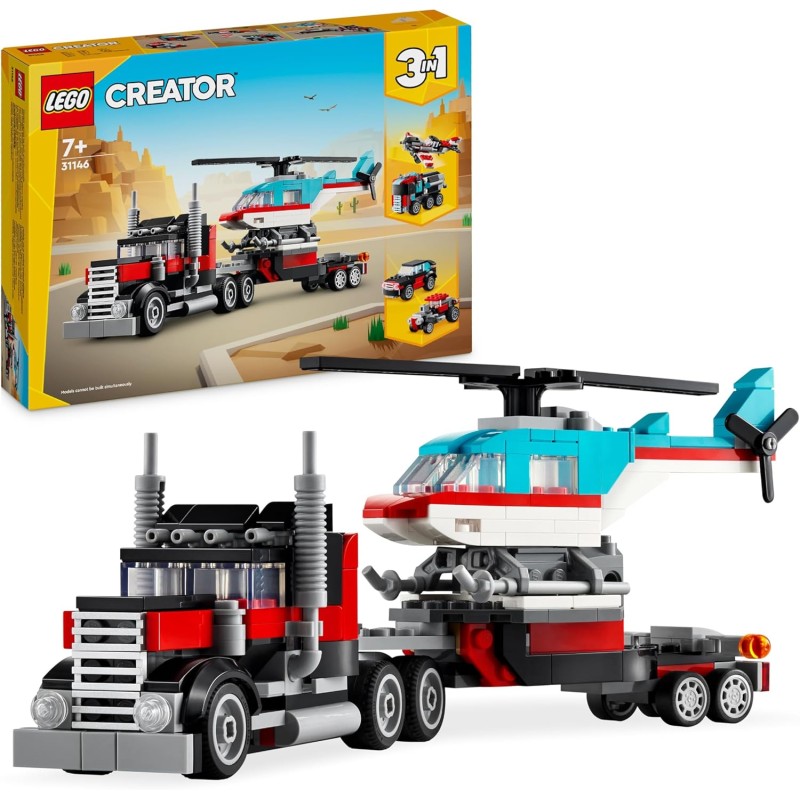 LEGO Creator 31146 3 in 1 Helicopter Truck, Games for Children and Girls from 7 Years, Rebuildable Toy Truck in Plane, Tanker or Racing Car and SUV, Birthday Gift Idea