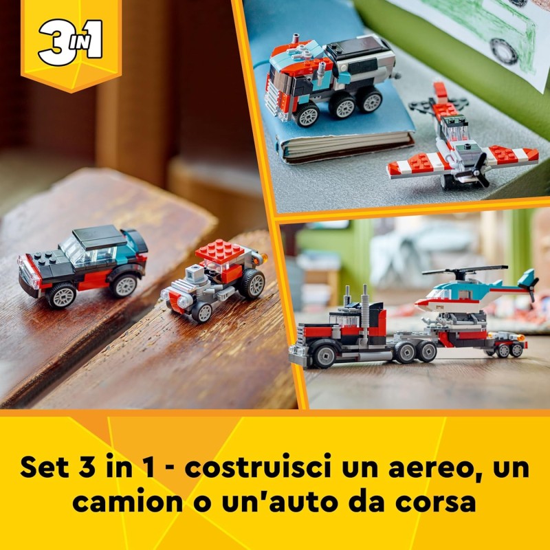 LEGO Creator 31146 3 in 1 Helicopter Truck, Games for Children and Girls from 7 Years, Rebuildable Toy Truck in Plane, Tanker or Racing Car and SUV, Birthday Gift Idea