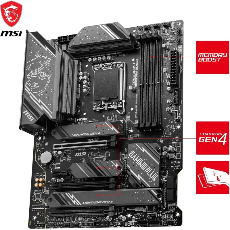 MSI Z790 GAMING PLUS WIFI, Scheda Madre ATX, Supporta Intel 14th/13th/12th Gen Core, LGA 1700, DDR5 fino a 7200+MHz/OC, PCIe 5.0 x16, 4 x M.2 Gen4, LAN 2.5G, Wi-Fi 6E - ATX MSI Z790 GAMING PLUS WIFI, Scheda Madre ATX, Supporta Intel 14th/13th/12th Gen Core, LGA 1700, DDR5 fino a 7200+MHz/OC, PCIe 5.0 x16, 4 x M.2 Gen4, LAN 2.5G, Wi-Fi 6E - ATX