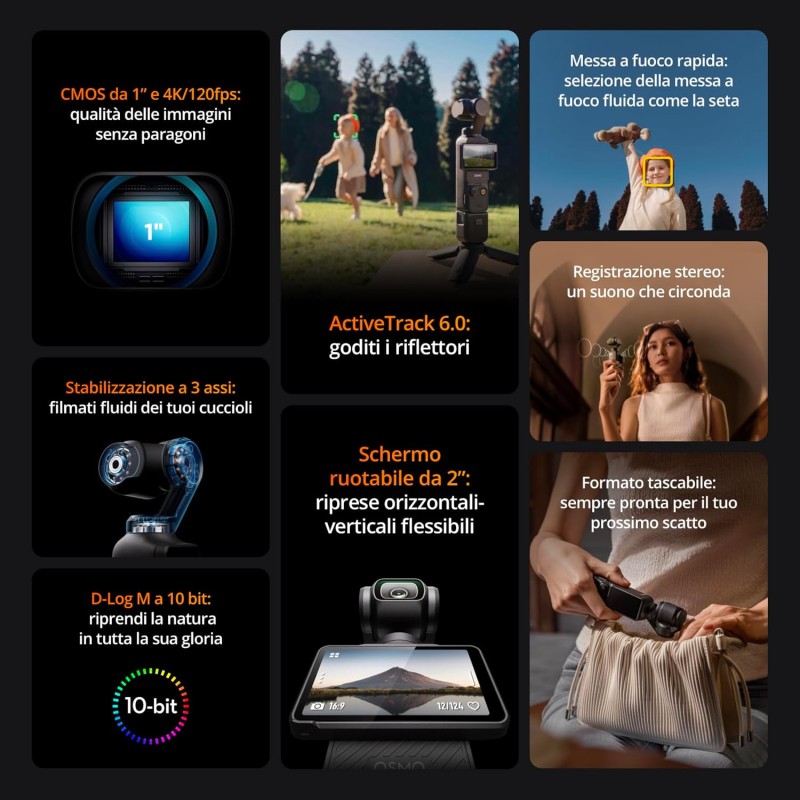 DJI Osmo Pocket 3 Creator Combo, fotocamera digitale con CMOS da 1'' e video 4K/120fps, stabilizzazione a 3 assi, tracciamento volti/oggetti, messa a fuoco rapida, microfono incluso, vlog camera DJI Osmo Pocket 3 Creator Combo, fotocamera digitale con CMOS da 1'' e video 4K/120fps, stabilizzazione a 3 assi, tracciamento volti/oggetti, messa a fuoco rapida, microfono incluso, vlog camera