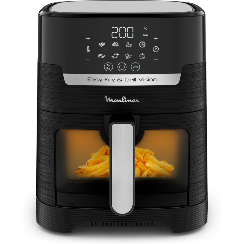 Moulinex Easy Fry & Grill Vision Friggitrice ad Aria 4.2 Litri/ 1Kg, Griglia Elettrica, Fino a 6 Persone, Griglia Removibile, 8 Programmi, Tecnologia Grill e Extra Crisp, App per Ricette,EZ5068