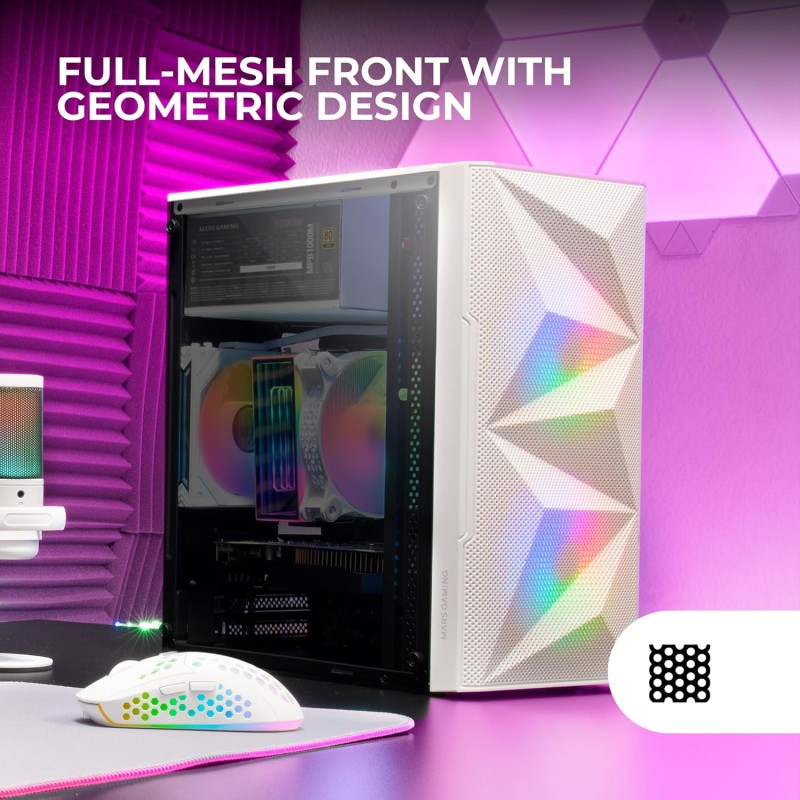 Mars Gaming MC-ME, Case Gaming Compatto MicroATX, Finestra Laterale in Vetro Temperato, Design Frontale Total-Mesh Geometrico, 2 Ventole FRGB da 120mm, Bianco Mars Gaming MC-ME, Case Gaming Compatto MicroATX, Finestra Laterale in Vetro Temperato, Design Frontale Total-Mesh Geometrico, 2 Ventole FRGB da 120mm, Bianco