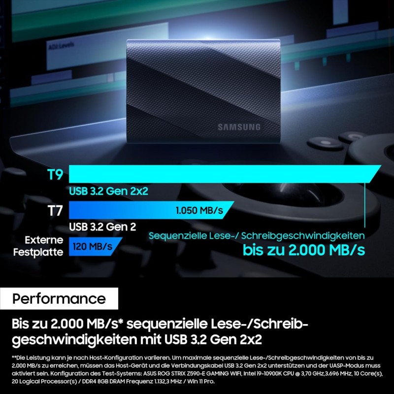 Samsung Memorie T9 MU-PG1T0B SSD Esterno Portatile da 1TB, USB 3.2 Gen 2x2, 20 Gbps, Nero - 1 TB