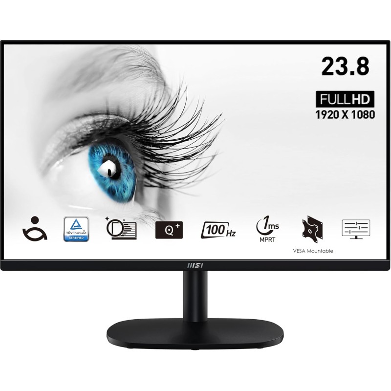 MSI PRO MP245V Monitor da 23,8" Full HD - Pannello VA (1920 x 1080), 100 Hz (con cavo HDMI), Schermo Eye-Friendly, Montabile VESA, Supporto Display Kit, Regolabile in inclinazione - HDMI 1.4, D-Sub - 24" Nero MSI PRO MP245V Monitor da 23,8" Full HD - Pannello VA (1920 x 1080), 100 Hz (con cavo HDMI), Schermo Eye-Friendly, Montabile VESA, Supporto Display Kit, Regolabile in inclinazione - HDMI 1.4, D-Sub - 24" Nero
