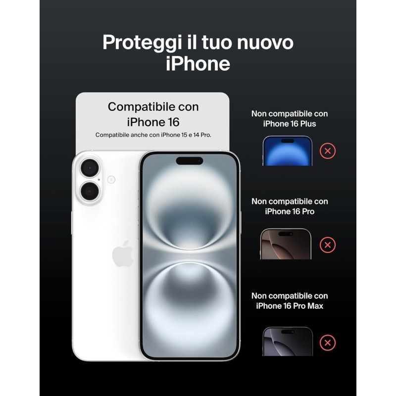 Belkin ScreenForce UltraGlass 2 Pellicola Vetro per iPhone 16, antigraffio, con durezza di 9H, include un supporto di allineamento, senza bolle, pellicola protettiva per iPhone 16, iPhone 15, 14 Pro