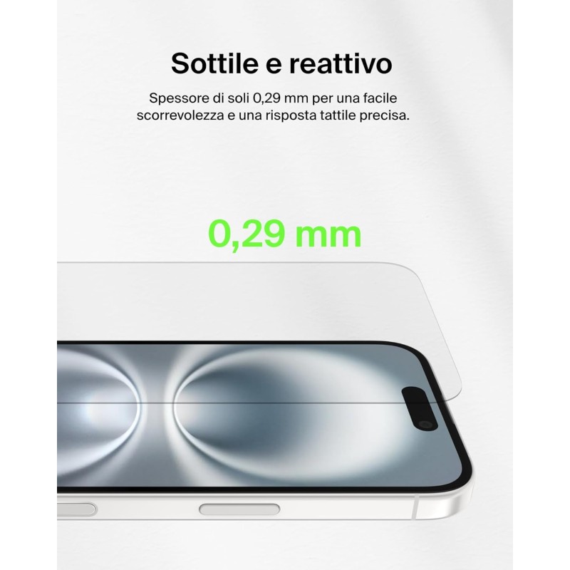 Belkin ScreenForce UltraGlass 2 Pellicola Vetro per iPhone 16, antigraffio, con durezza di 9H, include un supporto di allineamento, senza bolle, pellicola protettiva per iPhone 16, iPhone 15, 14 Pro
