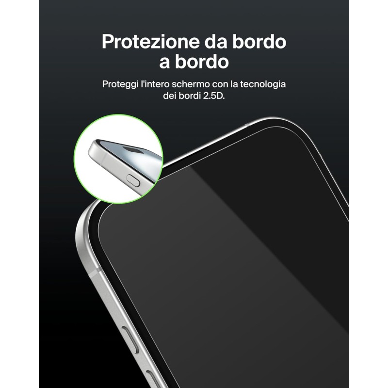 Belkin ScreenForce UltraGlass 2 Pellicola Vetro per iPhone 16, antigraffio, con durezza di 9H, include un supporto di allineamento, senza bolle, pellicola protettiva per iPhone 16, iPhone 15, 14 Pro