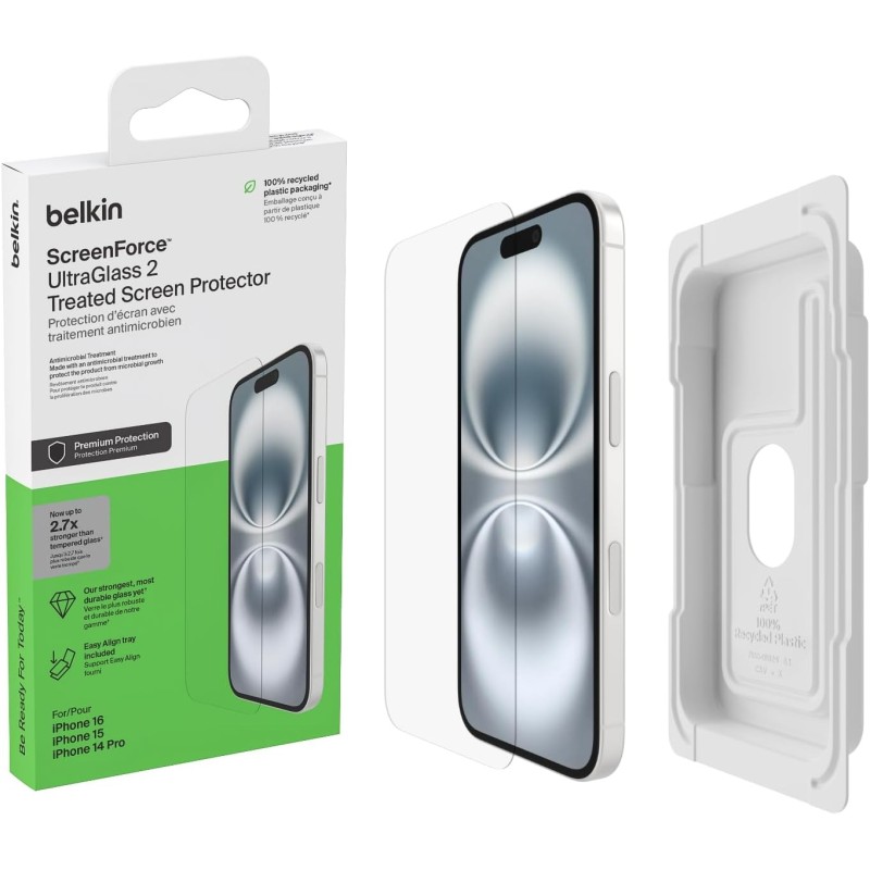 Belkin ScreenForce UltraGlass 2 Pellicola Vetro per iPhone 16, antigraffio, con durezza di 9H, include un supporto di allineamento, senza bolle, pellicola protettiva per iPhone 16, iPhone 15, 14 Pro