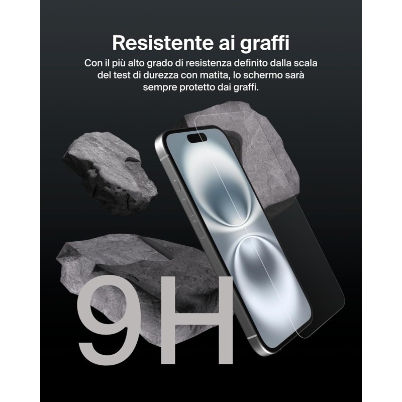 Belkin ScreenForce UltraGlass 2 Pellicola Vetro per iPhone 16, antigraffio, con durezza di 9H, include un supporto di allineamento, senza bolle, pellicola protettiva per iPhone 16, iPhone 15, 14 Pro