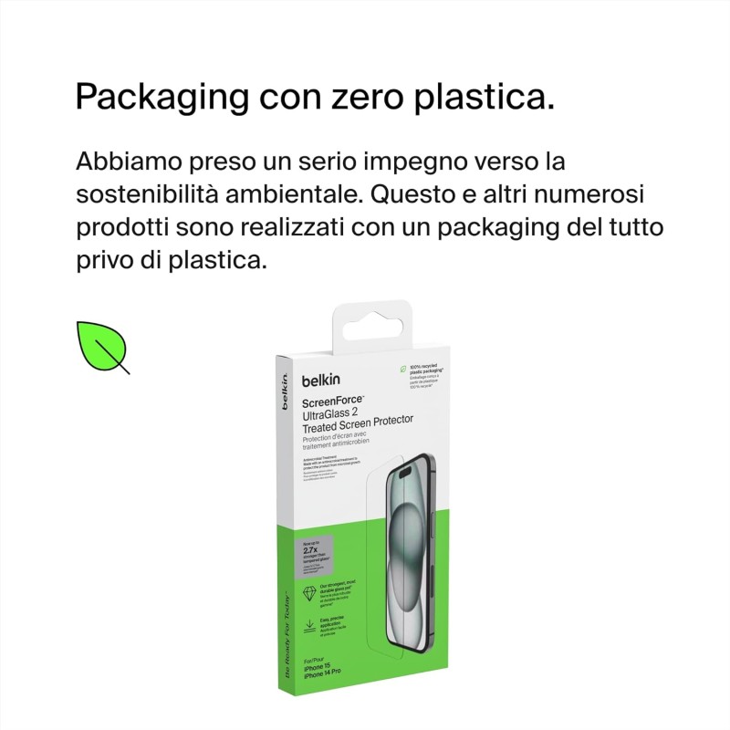 Belkin ScreenForce UltraGlass 2 Pellicola Vetro per iPhone 16, antigraffio, con durezza di 9H, include un supporto di allineamento, senza bolle, pellicola protettiva per iPhone 16, iPhone 15, 14 Pro