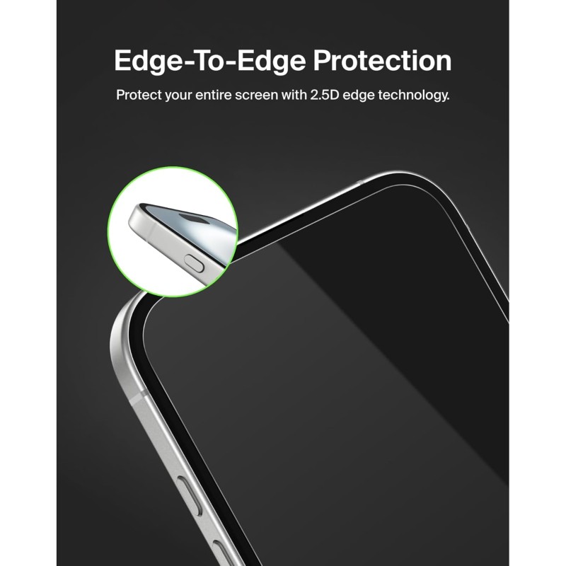 Belkin ScreenForce TemperedGlass Proteggi schermo antimicrobico, pellicola protettiva, vetro temprato per iPhone 15/14 Pro, trasparente, antigraffio, include supporto per un'applicazione senza bolle