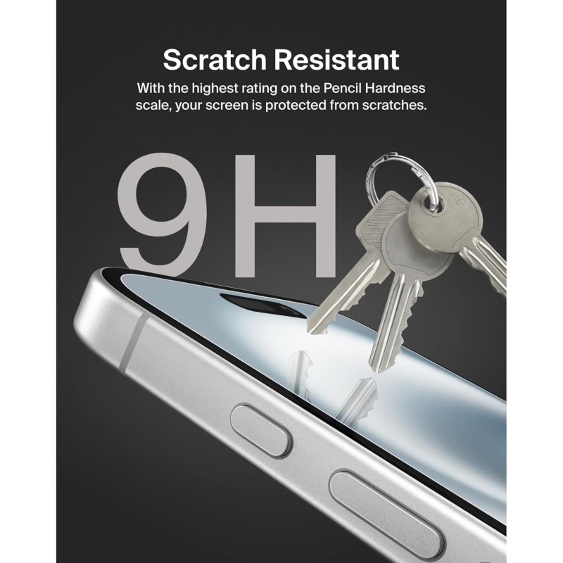 Belkin ScreenForce TemperedGlass Proteggi schermo antimicrobico, pellicola protettiva, vetro temprato per iPhone 15/14 Pro, trasparente, antigraffio, include supporto per un'applicazione senza bolle