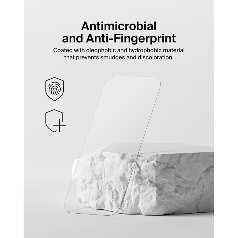 Belkin ScreenForce TemperedGlass Proteggi schermo antimicrobico, pellicola protettiva, vetro temprato per iPhone 15/14 Pro, trasparente, antigraffio, include supporto per un'applicazione senza bolle