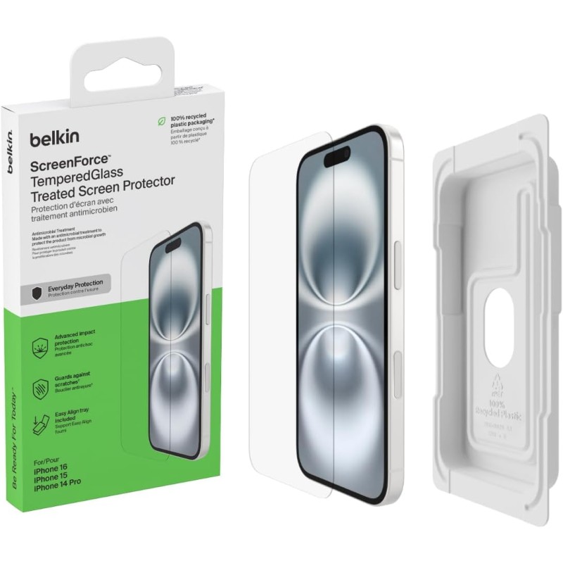 Belkin ScreenForce TemperedGlass Proteggi schermo antimicrobico, pellicola protettiva, vetro temprato per iPhone 15/14 Pro, trasparente, antigraffio, include supporto per un'applicazione senza bolle