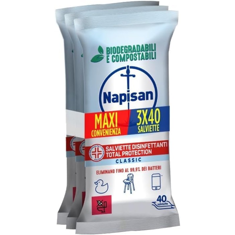 Napisan Salviette Tripacco Disinfettanti Total Protectio, Confezione da 120 Salviette Disinfettanti Biodegradabili e Compostabili Multisuperfici