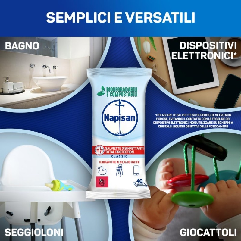 Napisan Salviette Tripacco Disinfettanti Total Protectio, Confezione da 120 Salviette Disinfettanti Biodegradabili e Compostabili Multisuperfici