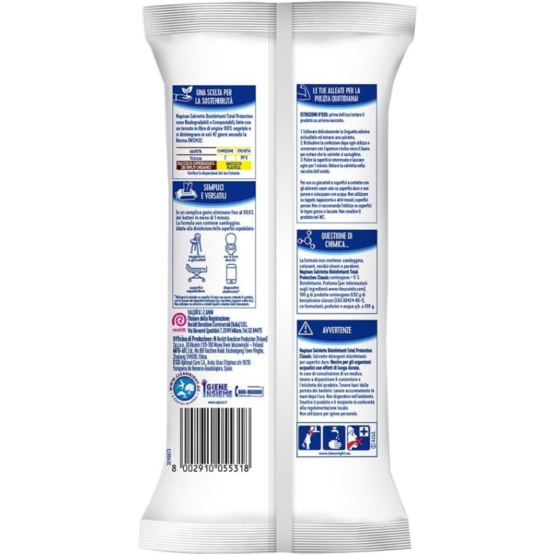 Napisan Salviette Tripacco Disinfettanti Total Protectio, Confezione da 120 Salviette Disinfettanti Biodegradabili e Compostabili Multisuperfici