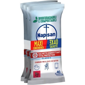 Napisan Salviette Tripacco Disinfettanti Total Protectio, Confezione da 120 Salviette Disinfettanti Biodegradabili e Compostabili Multisuperfici