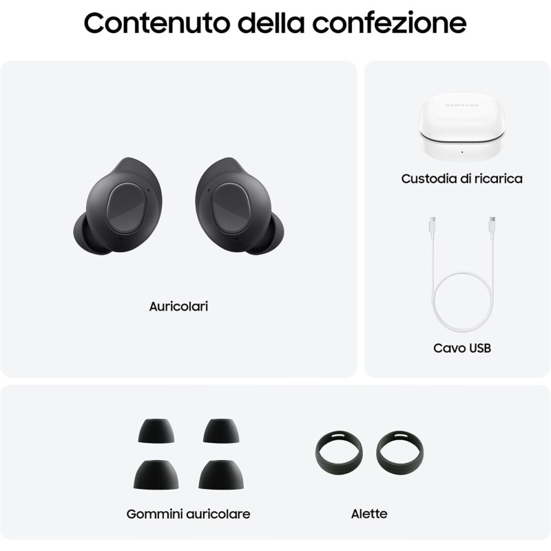 Samsung Galaxy Buds FE Cuffie Bluetooth True Wireless, Cancellazione attiva dei rumori (ANC), Fit Ergonomico, 3 Microfoni, Controlli touch, Bassi profondi, Graphite 2023 [Versione Italiana] - Graphite