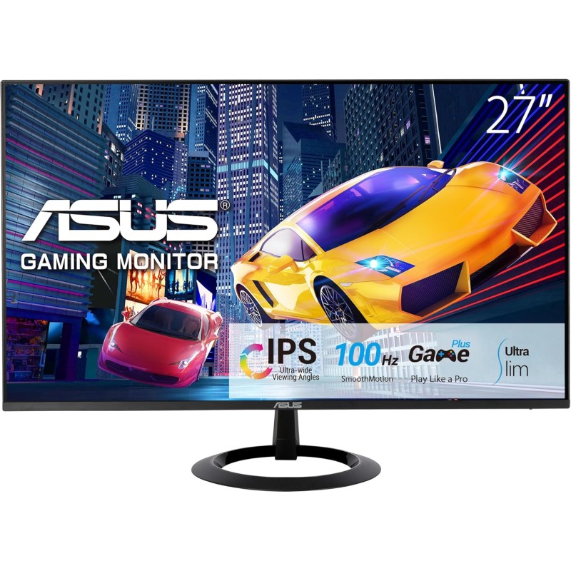 ASUS VZ27EHF Monitor Gaming Eye Care da 27” pollici, Full HD (1920x1080), IPS, Frameless, 100 Hz, Adaptative-Sync, Tempo di Risposta 1 ms, HDMI, Filtro Luci Blu, Antisfarfallio, Nero