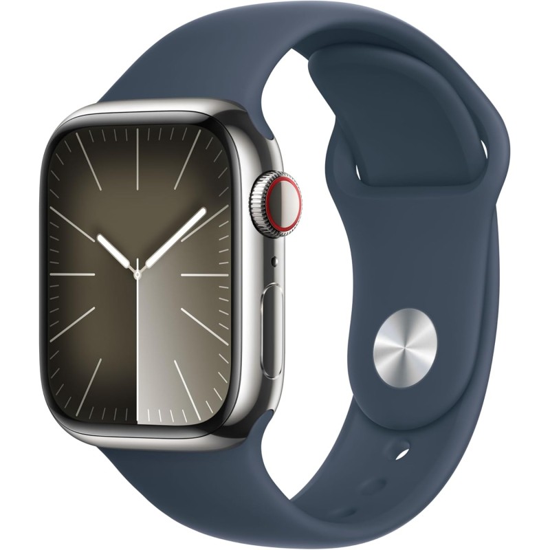 Apple Watch Series 9 GPS + Cellular 41mm Smartwatch con cassa in acciaio inossidabile color argento e Cinturino Sport blu tempesta - M/L. Fitness tracker, app Livelli O₂, display Retina always-on - Cassa da 41 mm Argento/blu tempesta Apple Watch Series 9 GPS + Cellular 41mm Smartwatch con cassa in acciaio inossidabile color argento e Cinturino Sport blu tempesta - M/L. Fitness tracker, app Livelli O₂, display Retina always-on - Cassa da 41 mm Argento/blu tempesta