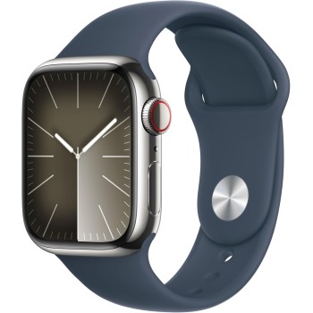 Apple Watch Series 9 GPS + Cellular 41mm Smartwatch con cassa in acciaio inossidabile color argento e Cinturino Sport blu tempesta - M/L. Fitness tracker, app Livelli O₂, display Retina always-on - Cassa da 41 mm Argento/blu tempesta