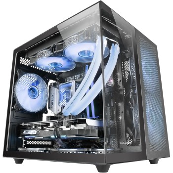 Mars Gaming MC-NOVAM, Case Compatto Custom MicroATX, Vetro Temperato Continuo Doppia Finestra, Telaio Modulare Doppia Camera, Griglia Frontale, Supporto Raffreddamento Liquido, Connettore USB-C, Nero