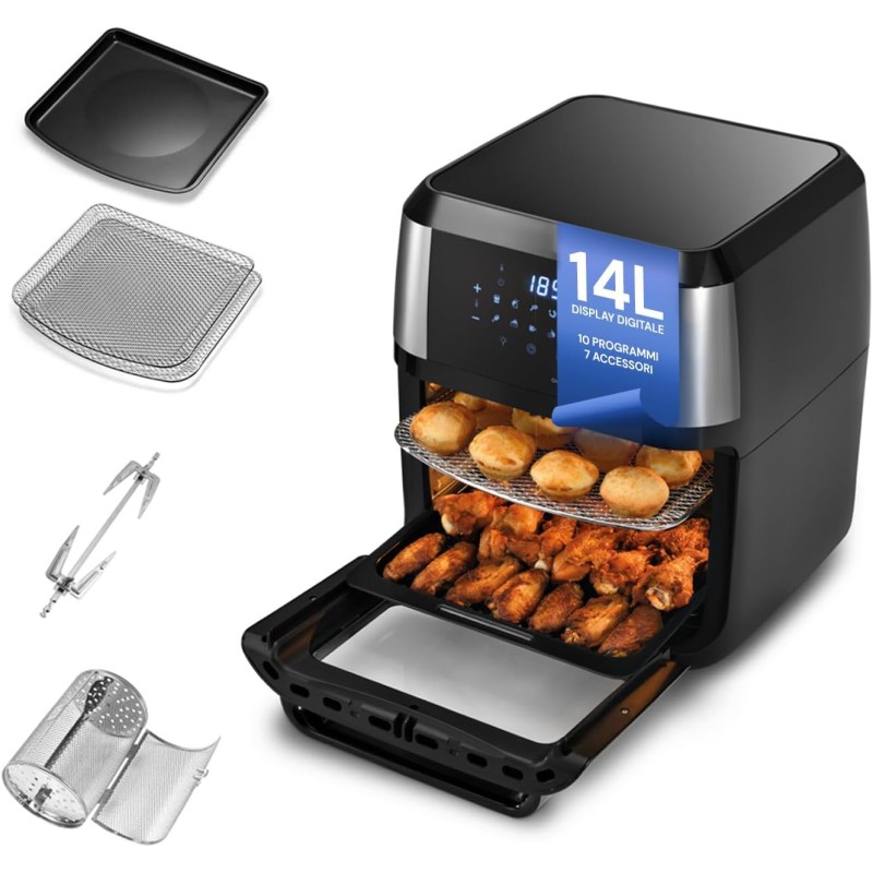 Avilia Forno Multifunzione Friggitrice ad Aria XXL 14Litri - 50 pezzi di carta da forno in omaggio, Air Fryer Risparmio Energetico, Senza Olio con 10 Funzioni su LED Display,1700W