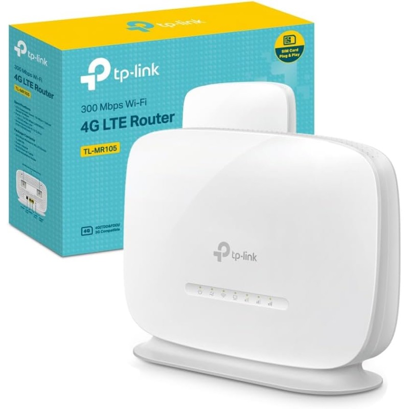 TP-Link TL-MR105 Cat4 Router 4G LTE Wireless N300Mbps, Router WiFi con Sim, Porta LAN/WAN, Modem 4G Sim, Senza Configurazione, Antenne Interne, Porte Antenna Esterna, Collega Fino a 32 Dispositivi TP-Link TL-MR105 Cat4 Router 4G LTE Wireless N300Mbps, Router WiFi con Sim, Porta LAN/WAN, Modem 4G Sim, Senza Configurazione, Antenne Interne, Porte Antenna Esterna, Collega Fino a 32 Dispositivi