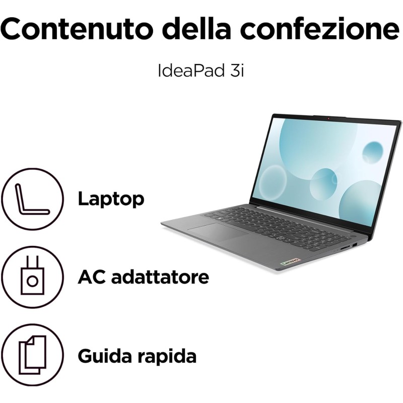 Lenovo IdeaPad 3 Notebook 15,6”, FHD (1920x1080), Intel Core i3-1215U, 8GB RAM, 512GB SSD, Windows 11 Home, WiFi 6 - Arctic Grey, Esclusiva Amazon - 8GB | 512GB Lenovo IdeaPad 3 Notebook 15,6”, FHD (1920x1080), Intel Core i3-1215U, 8GB RAM, 512GB SSD, Windows 11 Home, WiFi 6 - Arctic Grey, Esclusiva Amazon - 8GB | 512GB