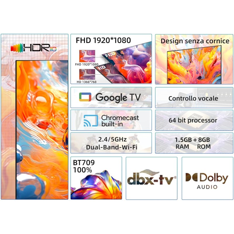 CHiQ TV L40G7V da 40 pollici, Google TV, FHD, Design senza cornice, Assistente Google, Google Play, Chromecast integrato, Triplo sintonizzatore (DVB-T2/S2/C), 5G Wi-Fi, Bluetooth, HDMI ARC, USB2.0 - 40”