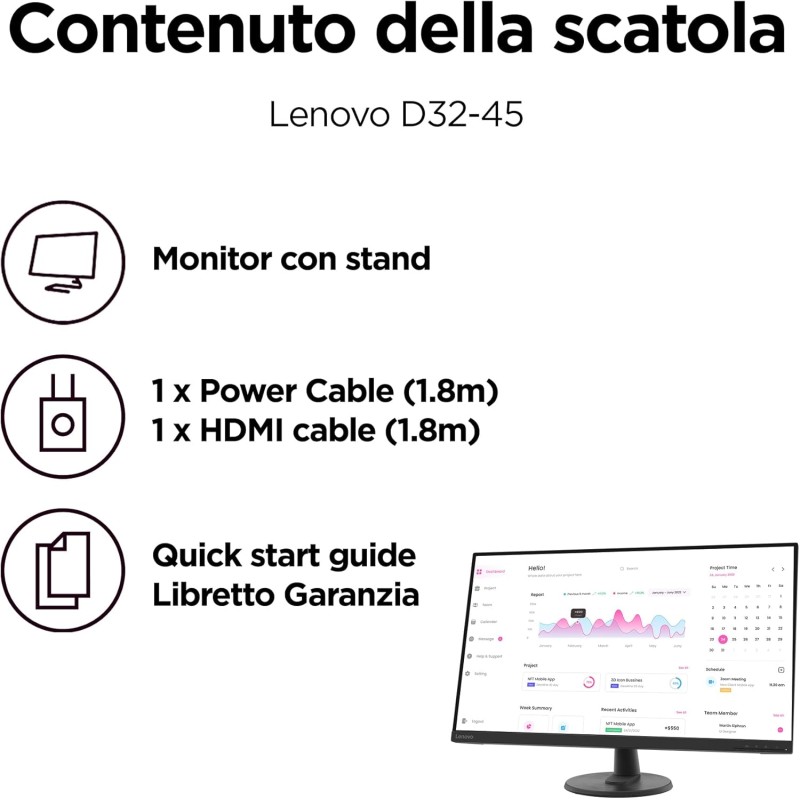 Lenovo D32-45 Monitor - Display 31.5 pollici FullHD (1920 x 1080, VA, 4ms, 60Hz, Cavo HDMI, Input HDMI + VGA) - Raven Black - Esclusiva Amazon - FHD | 60Hz