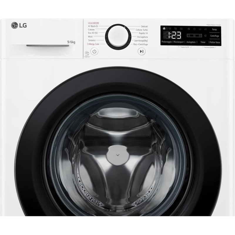 LG AI DD D4R3009NSWB Lavasciuga 9 / 6kg Serie R3 Classe A-10%/D, Lavatrice e Asciugatrice Insieme, 1400 giri, Lavaggio a Vapore, Eco Hybrid, Allergy Care, Motore Inverter Direct Drive, Bianca LG AI DD D4R3009NSWB Lavasciuga 9 / 6kg Serie R3 Classe A-10%/D, Lavatrice e Asciugatrice Insieme, 1400 giri, Lavaggio a Vapore, Eco Hybrid, Allergy Care, Motore Inverter Direct Drive, Bianca