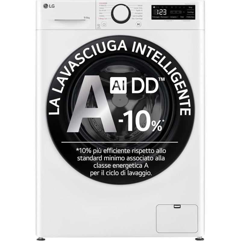 LG AI DD D4R3009NSWB Lavasciuga 9 / 6kg Serie R3 Classe A-10%/D, Lavatrice e Asciugatrice Insieme, 1400 giri, Lavaggio a Vapore, Eco Hybrid, Allergy Care, Motore Inverter Direct Drive, Bianca LG AI DD D4R3009NSWB Lavasciuga 9 / 6kg Serie R3 Classe A-10%/D, Lavatrice e Asciugatrice Insieme, 1400 giri, Lavaggio a Vapore, Eco Hybrid, Allergy Care, Motore Inverter Direct Drive, Bianca