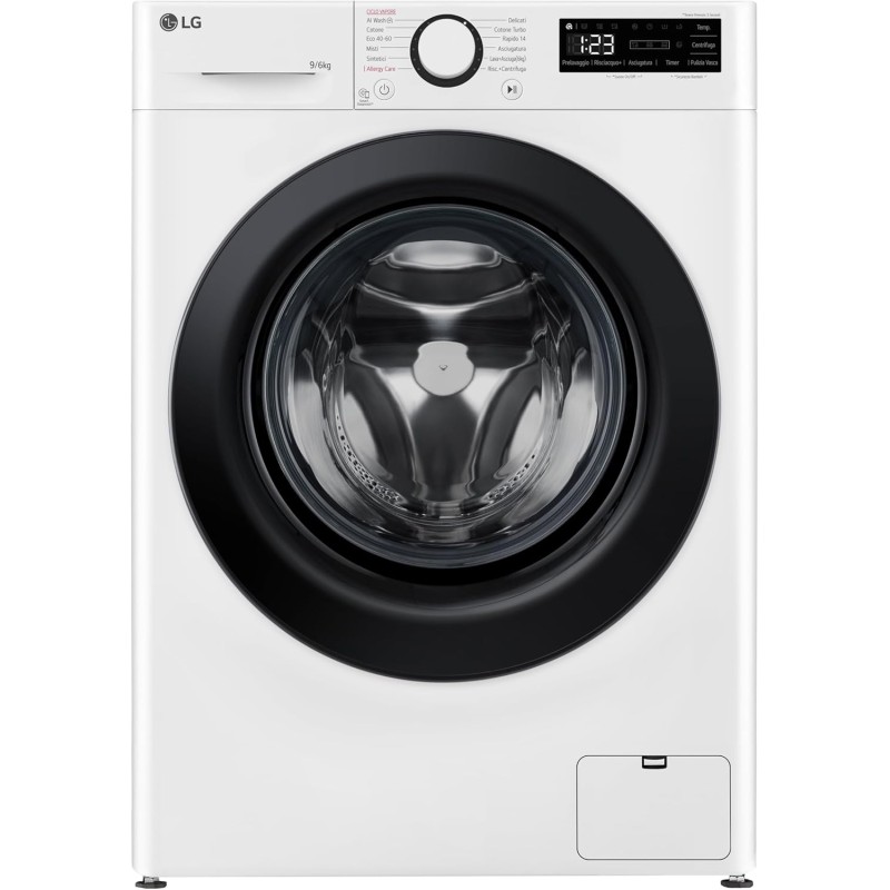 LG AI DD D4R3009NSWB Lavasciuga 9 / 6kg Serie R3 Classe A-10%/D, Lavatrice e Asciugatrice Insieme, 1400 giri, Lavaggio a Vapore, Eco Hybrid, Allergy Care, Motore Inverter Direct Drive, Bianca LG AI DD D4R3009NSWB Lavasciuga 9 / 6kg Serie R3 Classe A-10%/D, Lavatrice e Asciugatrice Insieme, 1400 giri, Lavaggio a Vapore, Eco Hybrid, Allergy Care, Motore Inverter Direct Drive, Bianca