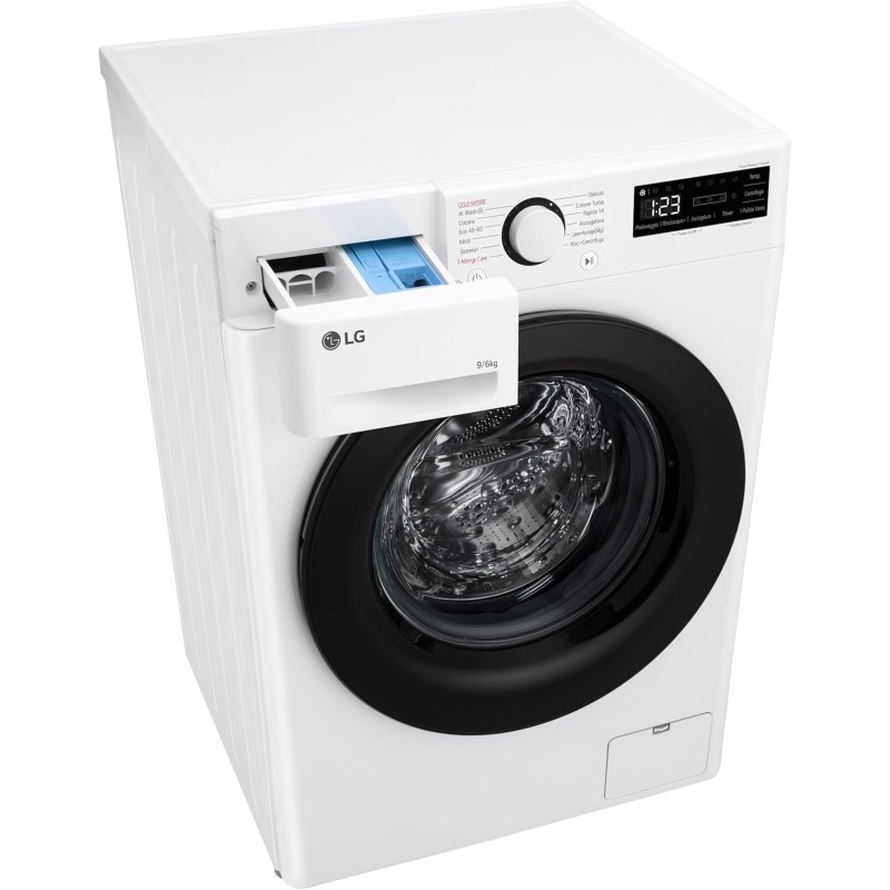 LG AI DD D4R3009NSWB Lavasciuga 9 / 6kg Serie R3 Classe A-10%/D, Lavatrice e Asciugatrice Insieme, 1400 giri, Lavaggio a Vapore, Eco Hybrid, Allergy Care, Motore Inverter Direct Drive, Bianca LG AI DD D4R3009NSWB Lavasciuga 9 / 6kg Serie R3 Classe A-10%/D, Lavatrice e Asciugatrice Insieme, 1400 giri, Lavaggio a Vapore, Eco Hybrid, Allergy Care, Motore Inverter Direct Drive, Bianca