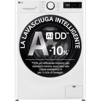 LG AI DD D4R3009NSWB Lavasciuga 9 / 6kg Serie R3 Classe A-10%/D, Lavatrice e Asciugatrice Insieme, 1400 giri, Lavaggio a Vapore, Eco Hybrid, Allergy Care, Motore Inverter Direct Drive, Bianca