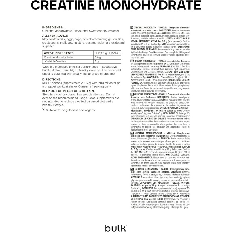 Bulk Creatina Monoidrato Polvere 500 g | 147 porzioni | Creatina micronizzata pura | Vaniglia | Vegano e Halal | Ideale per fitness, allenamento e palestra | Si scioglie facilmente - 147 Porzioni (Confezione da 1)