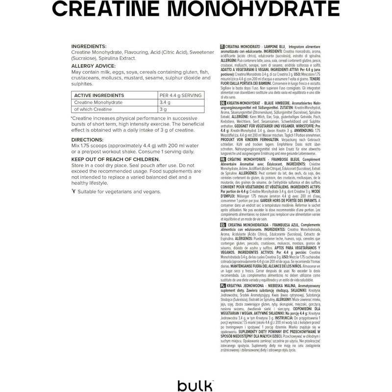 Bulk Creatina Monoidrato Polvere 500 g | 147 porzioni | Creatina micronizzata pura | Lampone blu | Vegano e Halal | Ideale per fitness, allenamento e palestra | Si scioglie facilmente - 147 Porzioni (Confezione da 1)