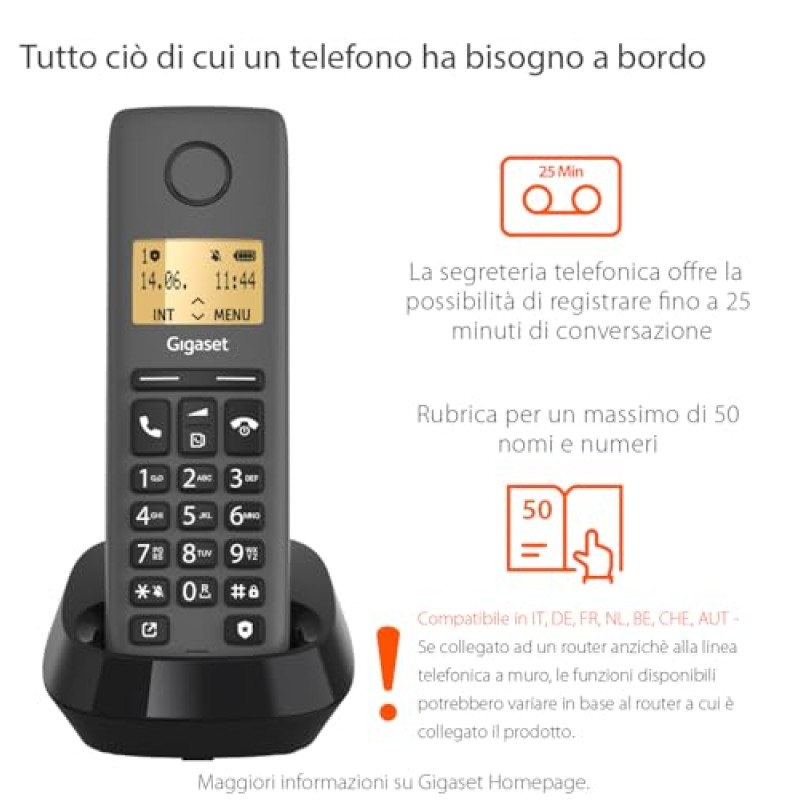 Gigaset PURE 120 - Telefono cordless - Protezione dalle chiamate indesiderate, Nero Antracite [Compatibile in IT, DE, FR, NL, BE, CHE, AUT] - Singolo