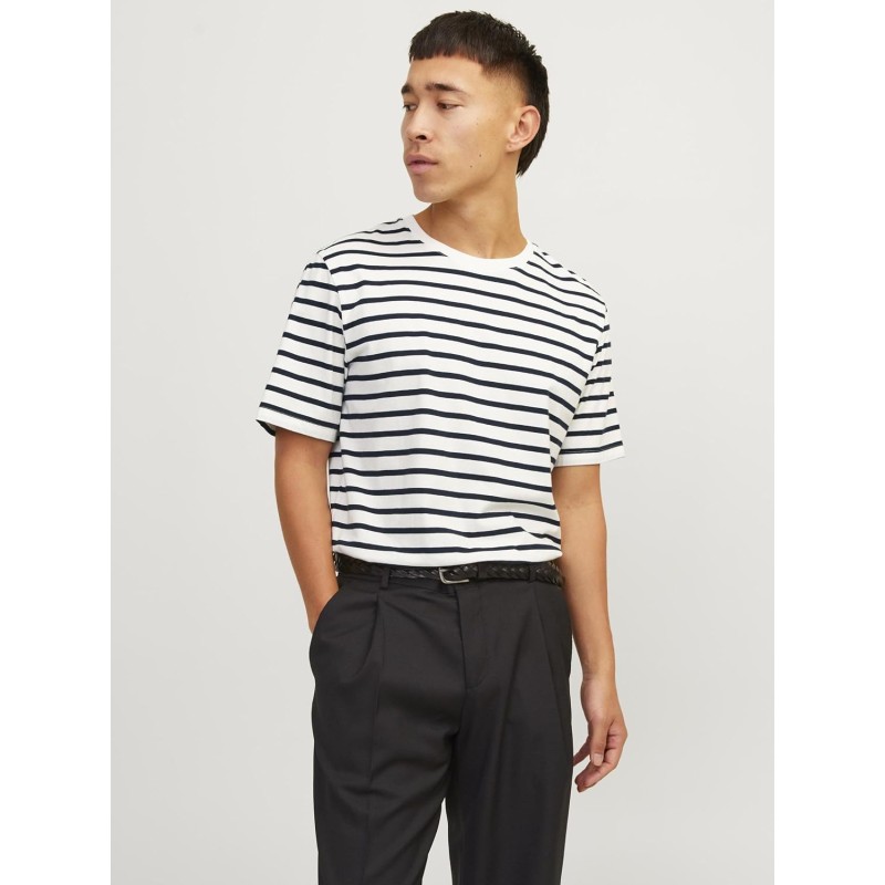 JACK & JONES Jjeorganic Basic Tee SS O-Neck Noos T-Shirt Uomo - XXL Cloud Dancer/Stripes: Navy Blazer