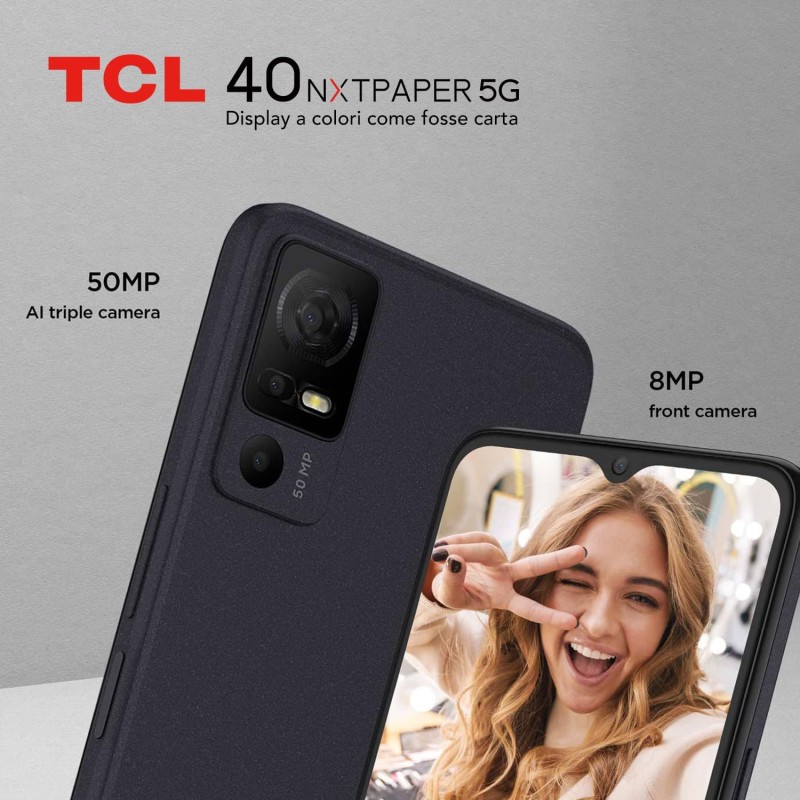 TCL 40NXTPAPER 5G Smartphone 5G, Display 6.6" HD+90 Hz, 256 GB, 12 GB RAM (6GB+6GB RAM expansion) Tripla Camera da 50 MP, Android 13, Batteria 5010 mAh, Starlight Black, USB Type-C Aggiuntivo TCL 40NXTPAPER 5G Smartphone 5G, Display 6.6" HD+90 Hz, 256 GB, 12 GB RAM (6GB+6GB RAM expansion) Tripla Camera da 50 MP, Android 13, Batteria 5010 mAh, Starlight Black, USB Type-C Aggiuntivo