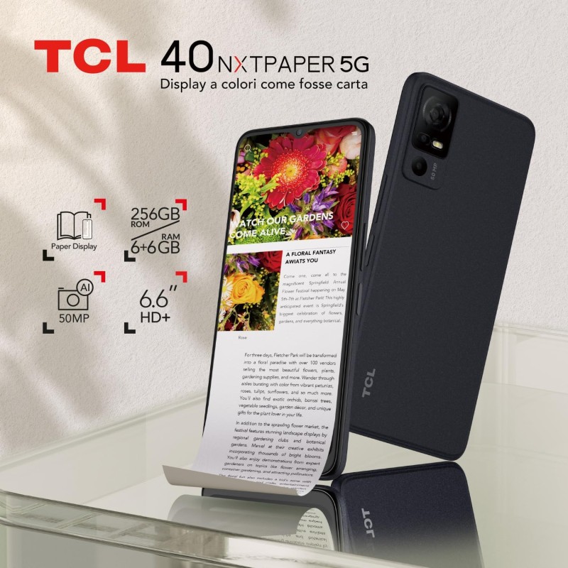 TCL 40NXTPAPER 5G Smartphone 5G, Display 6.6" HD+90 Hz, 256 GB, 12 GB RAM (6GB+6GB RAM expansion) Tripla Camera da 50 MP, Android 13, Batteria 5010 mAh, Starlight Black, USB Type-C Aggiuntivo TCL 40NXTPAPER 5G Smartphone 5G, Display 6.6" HD+90 Hz, 256 GB, 12 GB RAM (6GB+6GB RAM expansion) Tripla Camera da 50 MP, Android 13, Batteria 5010 mAh, Starlight Black, USB Type-C Aggiuntivo