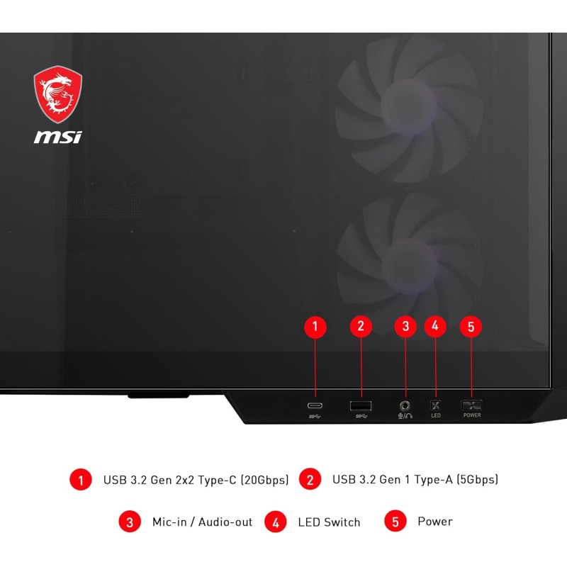 MSI MAG PANO M100R PZ Micro-ATX Case - 3 ventole ARGB da 120 mm e 1 ventola ARGB da 120mm, supporto per GPU, filtri antipolvere, spazio per il routing dei cavi di 33 mm, USB Type-C (20Gbps) - M100R / Micro-ATX MSI MAG PANO M100R PZ Micro-ATX Case - 3 ventole ARGB da 120 mm e 1 ventola ARGB da 120mm, supporto per GPU, filtri antipolvere, spazio per il routing dei cavi di 33 mm, USB Type-C (20Gbps) - M100R / Micro-ATX