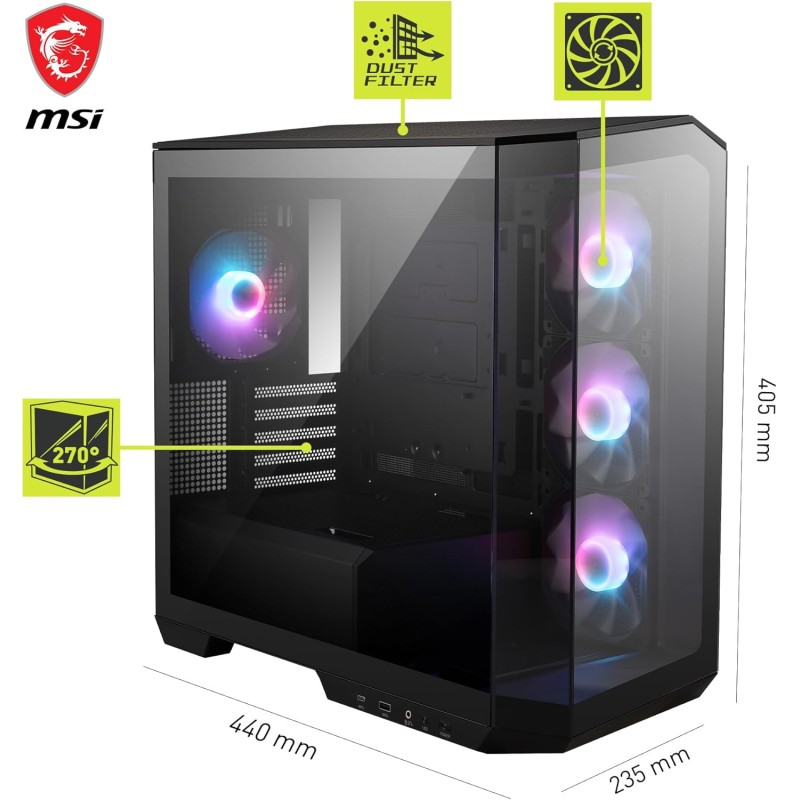 MSI MAG PANO M100R PZ Micro-ATX Case - 3 ventole ARGB da 120 mm e 1 ventola ARGB da 120mm, supporto per GPU, filtri antipolvere, spazio per il routing dei cavi di 33 mm, USB Type-C (20Gbps) - M100R / Micro-ATX MSI MAG PANO M100R PZ Micro-ATX Case - 3 ventole ARGB da 120 mm e 1 ventola ARGB da 120mm, supporto per GPU, filtri antipolvere, spazio per il routing dei cavi di 33 mm, USB Type-C (20Gbps) - M100R / Micro-ATX