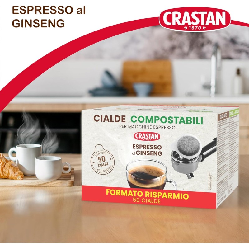 CRASTAN 1870 - Cialde ESE Compostabili - Espresso al Ginseng - Con estratto di Panax Ginseng - Box da 50 Cialde - Compatibili con Macchine Espresso - Privo di zuccheri CRASTAN 1870 - Cialde ESE Compostabili - Espresso al Ginseng - Con estratto di Panax Ginseng - Box da 50 Cialde - Compatibili con Macchine Espresso - Privo di zuccheri