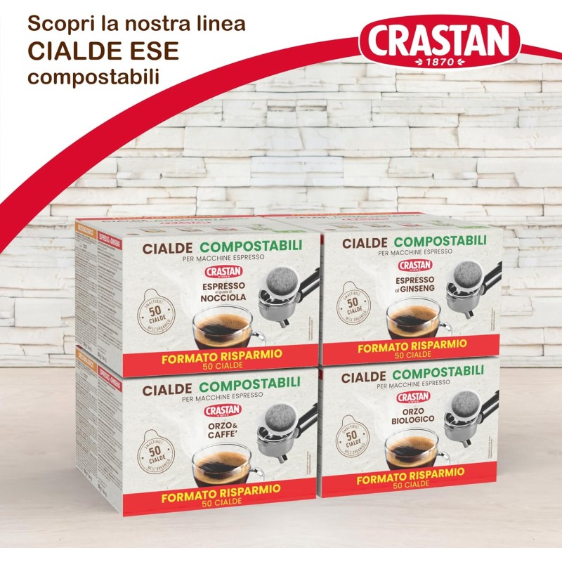 CRASTAN 1870 - Cialde ESE Compostabili - Espresso al Ginseng - Con estratto di Panax Ginseng - Box da 50 Cialde - Compatibili con Macchine Espresso - Privo di zuccheri CRASTAN 1870 - Cialde ESE Compostabili - Espresso al Ginseng - Con estratto di Panax Ginseng - Box da 50 Cialde - Compatibili con Macchine Espresso - Privo di zuccheri