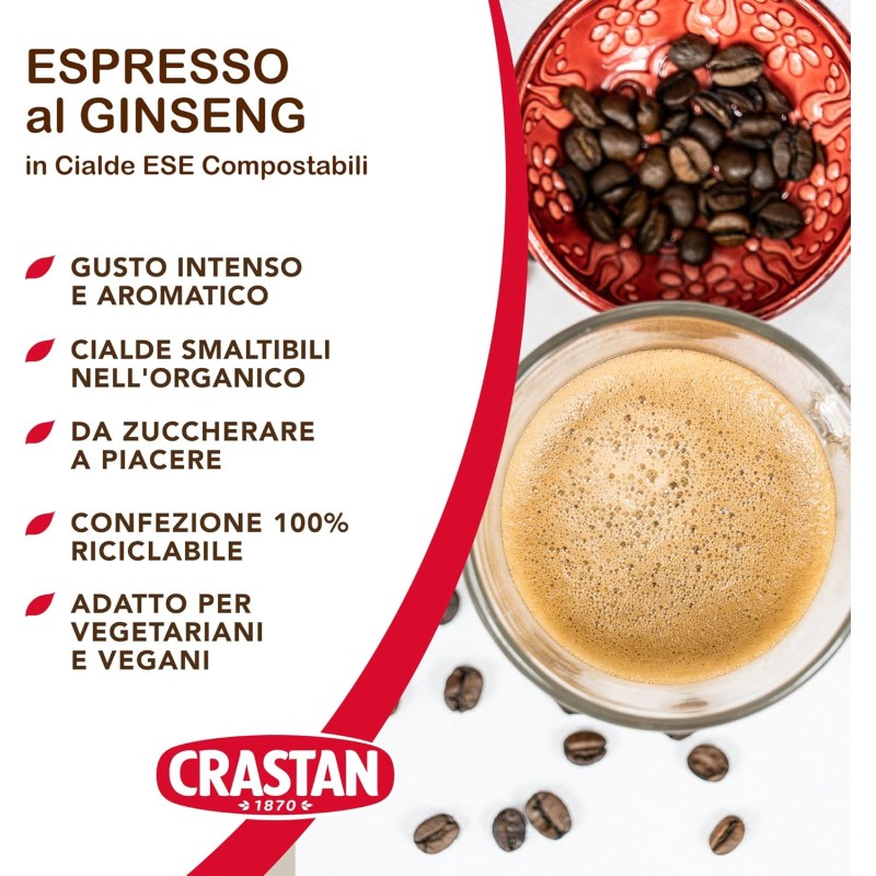 CRASTAN 1870 - Cialde ESE Compostabili - Espresso al Ginseng - Con estratto di Panax Ginseng - Box da 50 Cialde - Compatibili con Macchine Espresso - Privo di zuccheri CRASTAN 1870 - Cialde ESE Compostabili - Espresso al Ginseng - Con estratto di Panax Ginseng - Box da 50 Cialde - Compatibili con Macchine Espresso - Privo di zuccheri