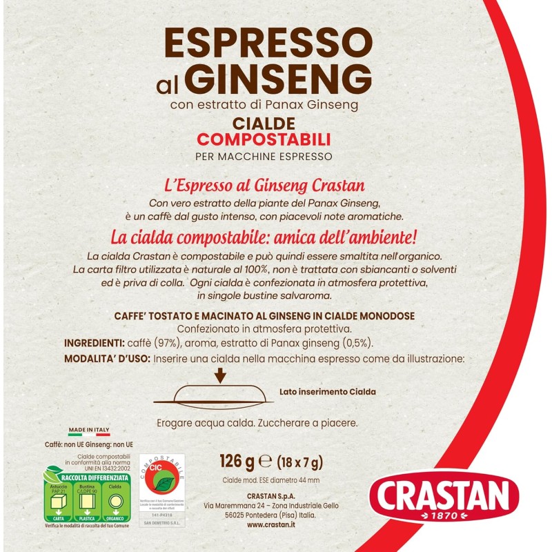 CRASTAN 1870 - Cialde ESE Compostabili - Espresso al Ginseng - Con estratto di Panax Ginseng - Box da 50 Cialde - Compatibili con Macchine Espresso - Privo di zuccheri CRASTAN 1870 - Cialde ESE Compostabili - Espresso al Ginseng - Con estratto di Panax Ginseng - Box da 50 Cialde - Compatibili con Macchine Espresso - Privo di zuccheri